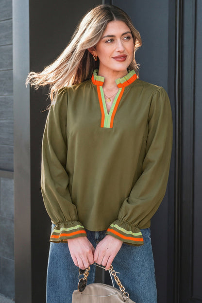 Stripe Trim Ruffle Split Neck Long Sleeve Blouse