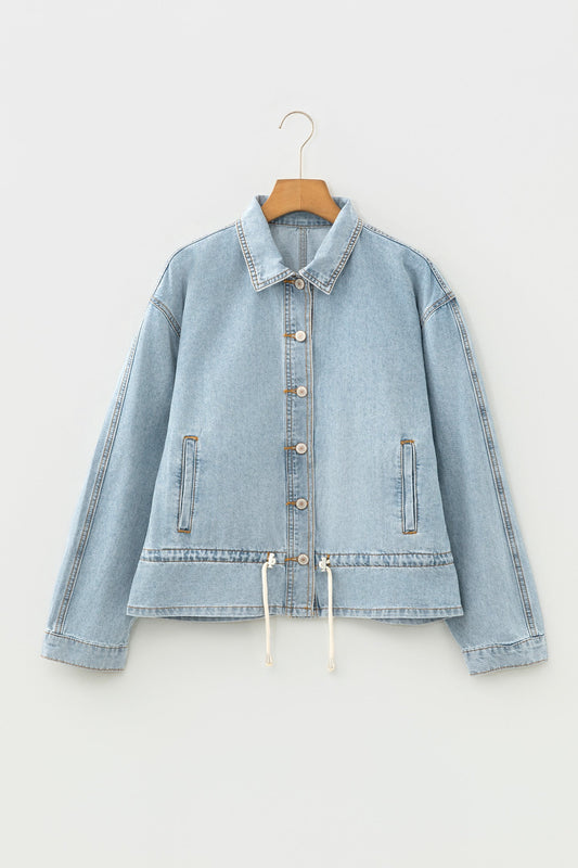 Light Wash Denim Drawstring Hem Buttoned Jacket