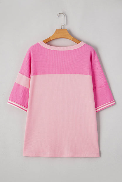 Pink Stripe Waffle Patchwork Loose T-Shirt