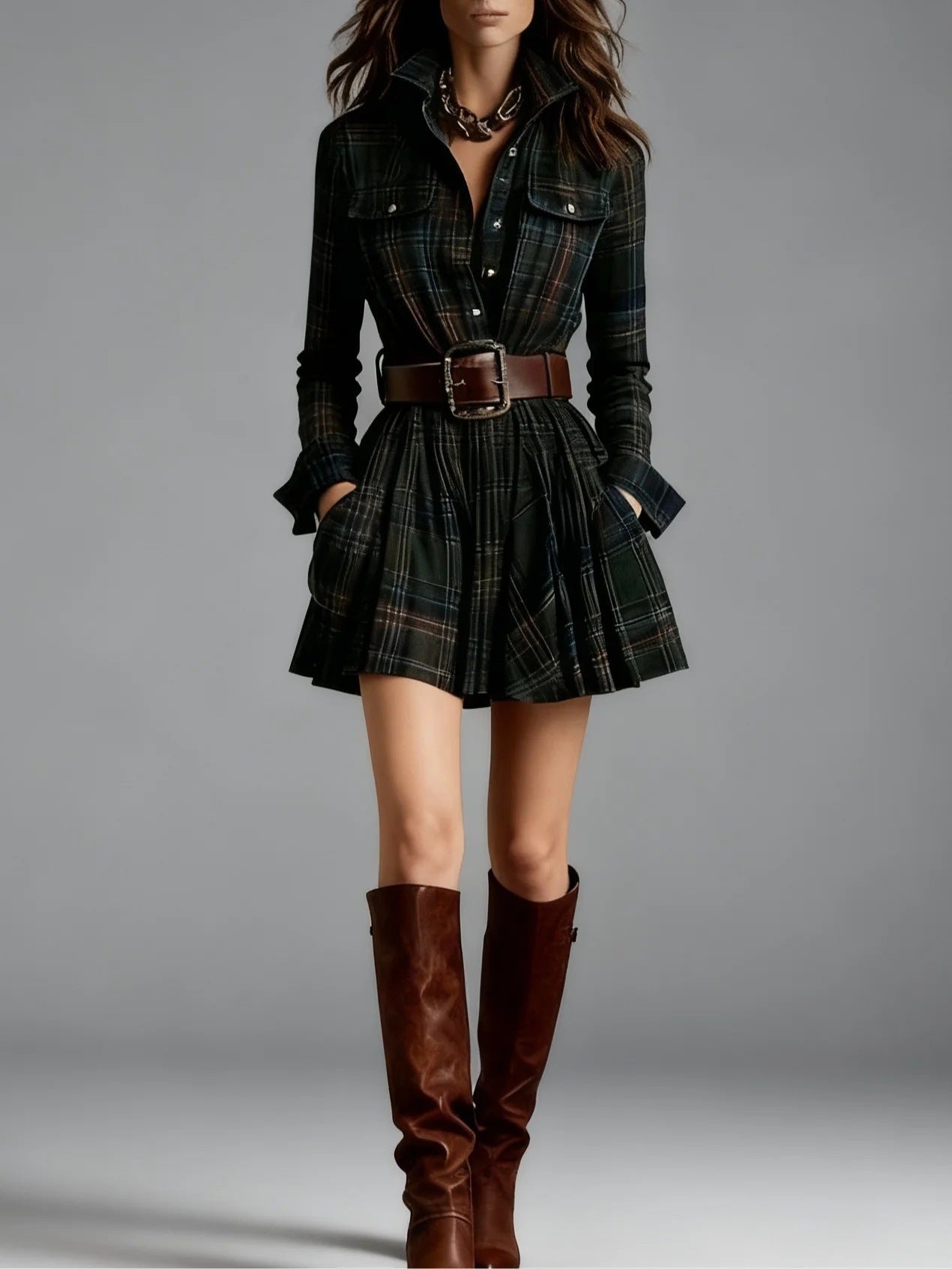 Plaid Collared Sleeveless Fitted Waist Dress