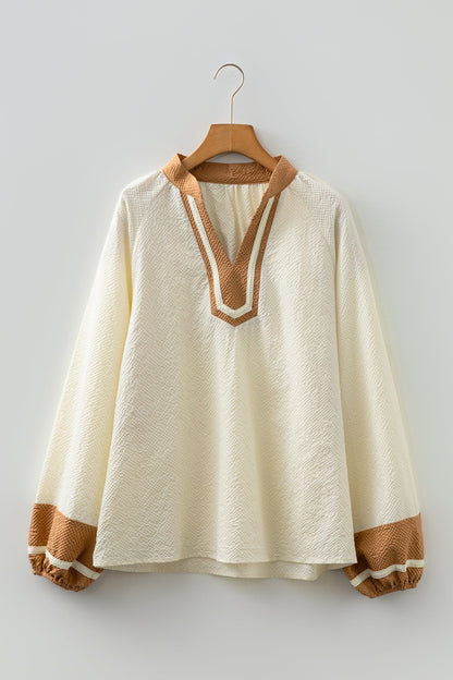 Black Color Block Patchwork Detail V Neck Textured Long Sleeve Blouse