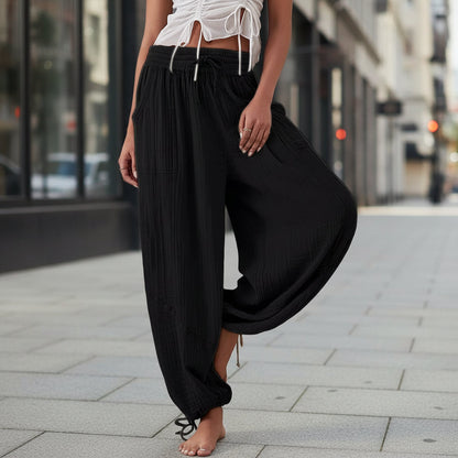 Women's High-Waist Wide-Leg Pants with Tie Waist & Pockets – 8 Colors