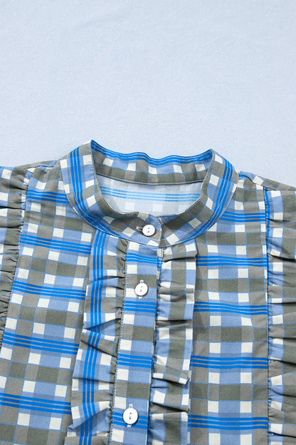 Plaid Long Sleeve Frilled Half Button Blouse