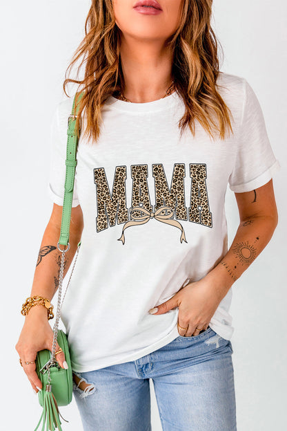 White Leopard Bow MAMA Graphic Crew Neck T Shirt