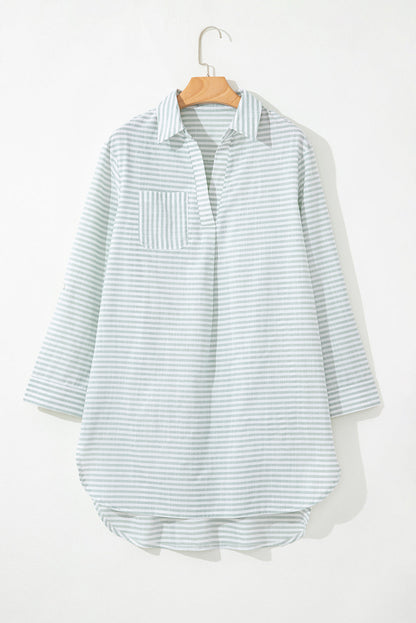 White Stripe Collared V Neck Chest Pocket Long Sleeve Beach Cover up
