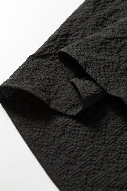 Black Color Block Patchwork Detail V Neck Textured Long Sleeve Blouse