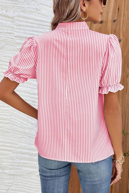 Pink Striped V Neck Puff Sleeve Blouse