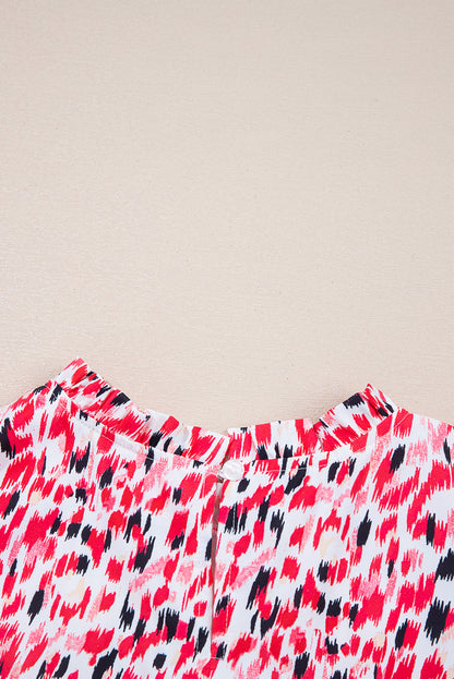 Red Floral Mixed Print Ruffle Cap Sleeve Blouse