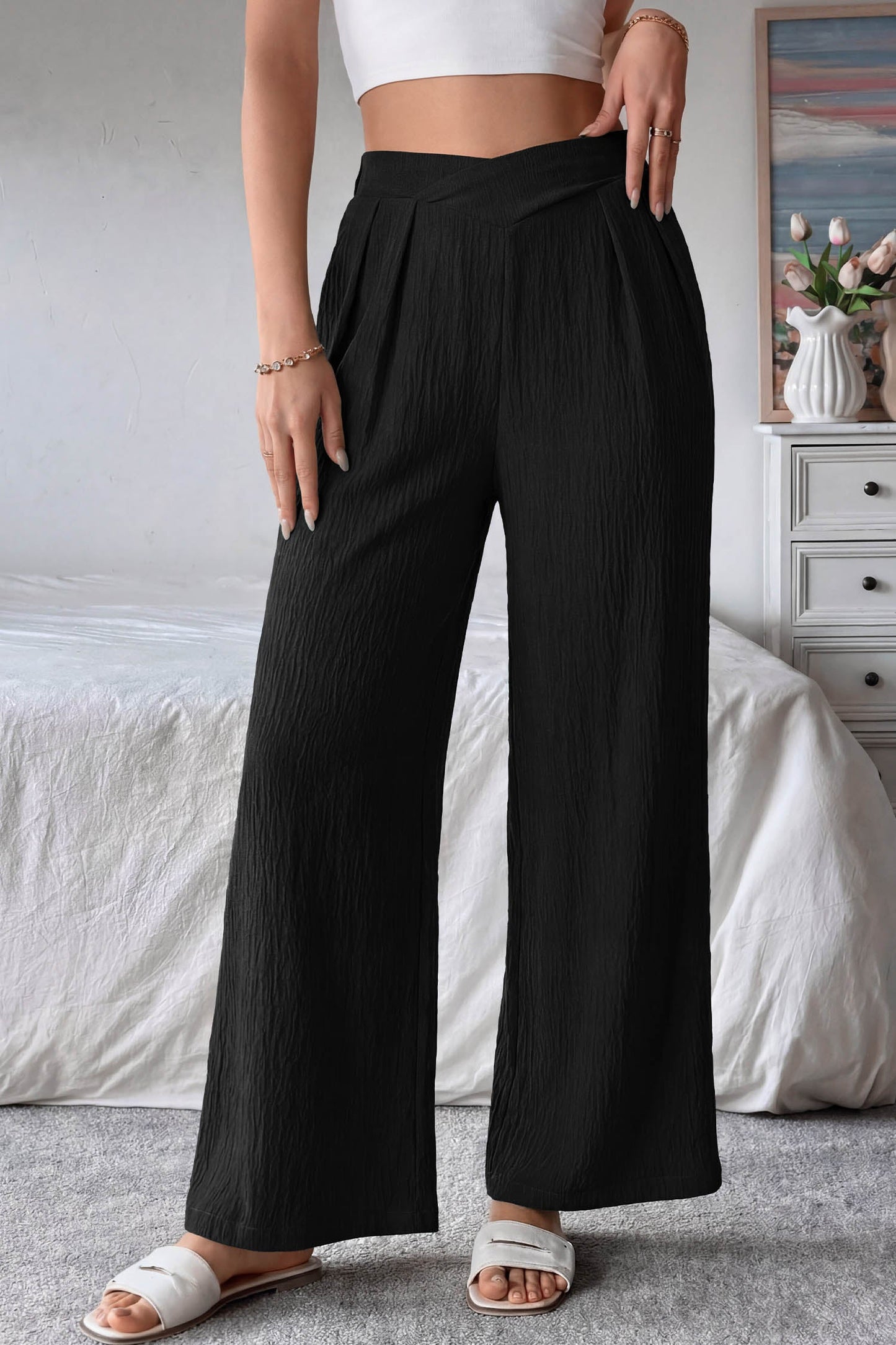 Solid Textured Crossed Waist Wide Leg Pants