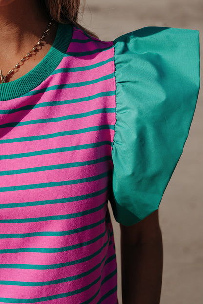 Stripe Colorblock Ruffle Sleeve Crewneck Blouse