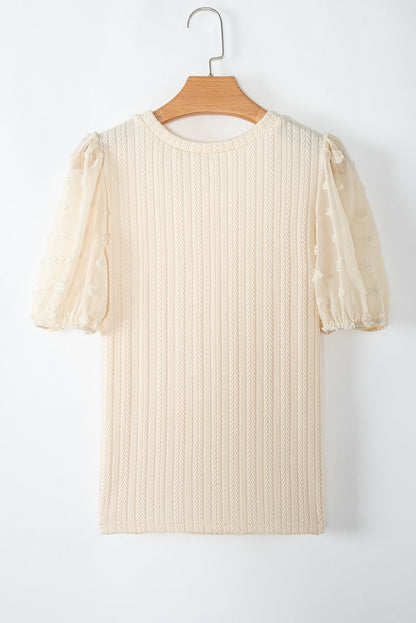 Apricot Polka Dot Mesh Puff Sleeve Textured Blouse