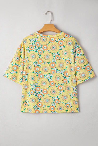 Yellow Summer Flower Print Drop Shoulder Loose T Shirt