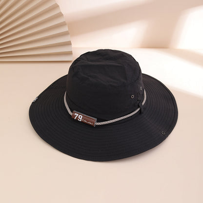 Wide-Brim Leather Patch Fisherman Hat – UV Sun Protection Outdoor Hat