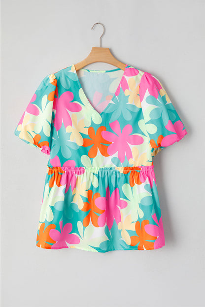 Pink Floral Print Bubble Sleeve V Neck Peplum Blouse