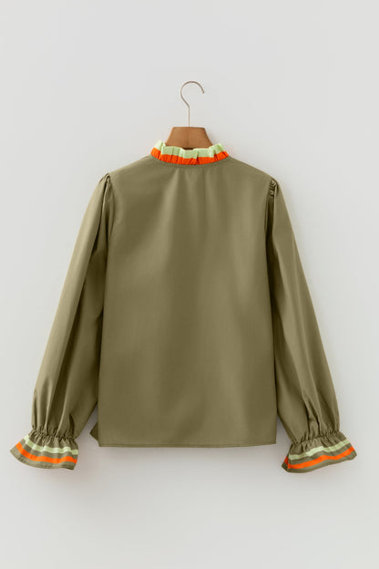 Stripe Trim Ruffle Split Neck Long Sleeve Blouse
