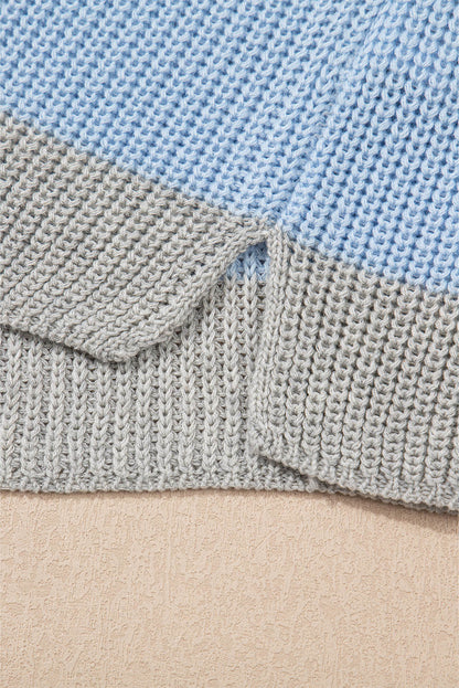 Light Blue Color Block Notch V Neck Sweater T Shirt