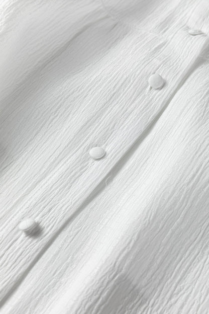 White Crinkled Texture Lantern Sleeve Button Down Loose Shirt