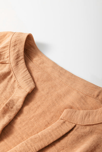 Straw Yellow Solid Shirred Cuff Notch V Neck Blouse
