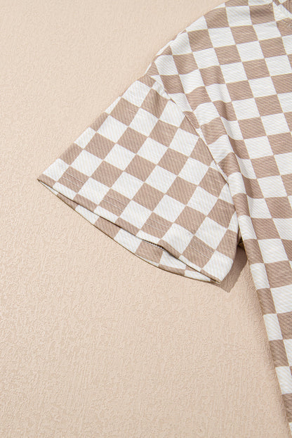 Brown Checkerboard T Shirt and High Waist Skorts Set