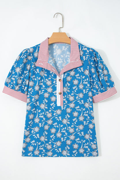 Blue Retro Floral Print Striped Trim Button Neck Short Sleeve Blouse