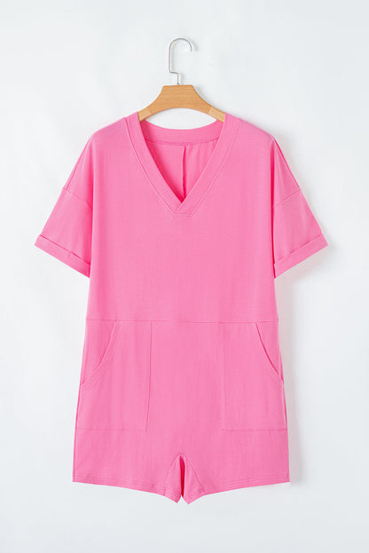 Bonbon Loose Half Sleeve V Neck Plain Romper