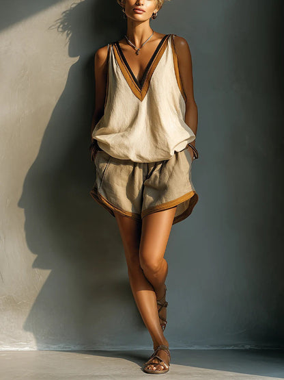 Women's Color-Block V-Neck Sleeveless Top & Shorts Two-Piece Set