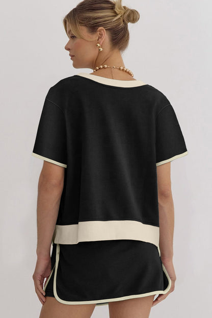 Black Colorblock Edge Drop Shoulder T Shirt and Skort 2Pcs Set
