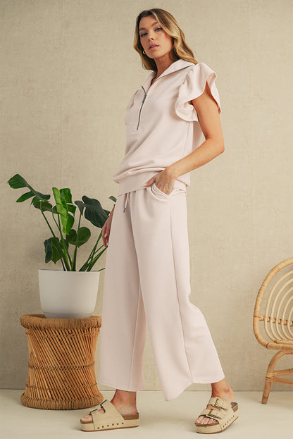 Pink Textured Ruffle Sleeve Zipped Top and Wide Leg Pants Set