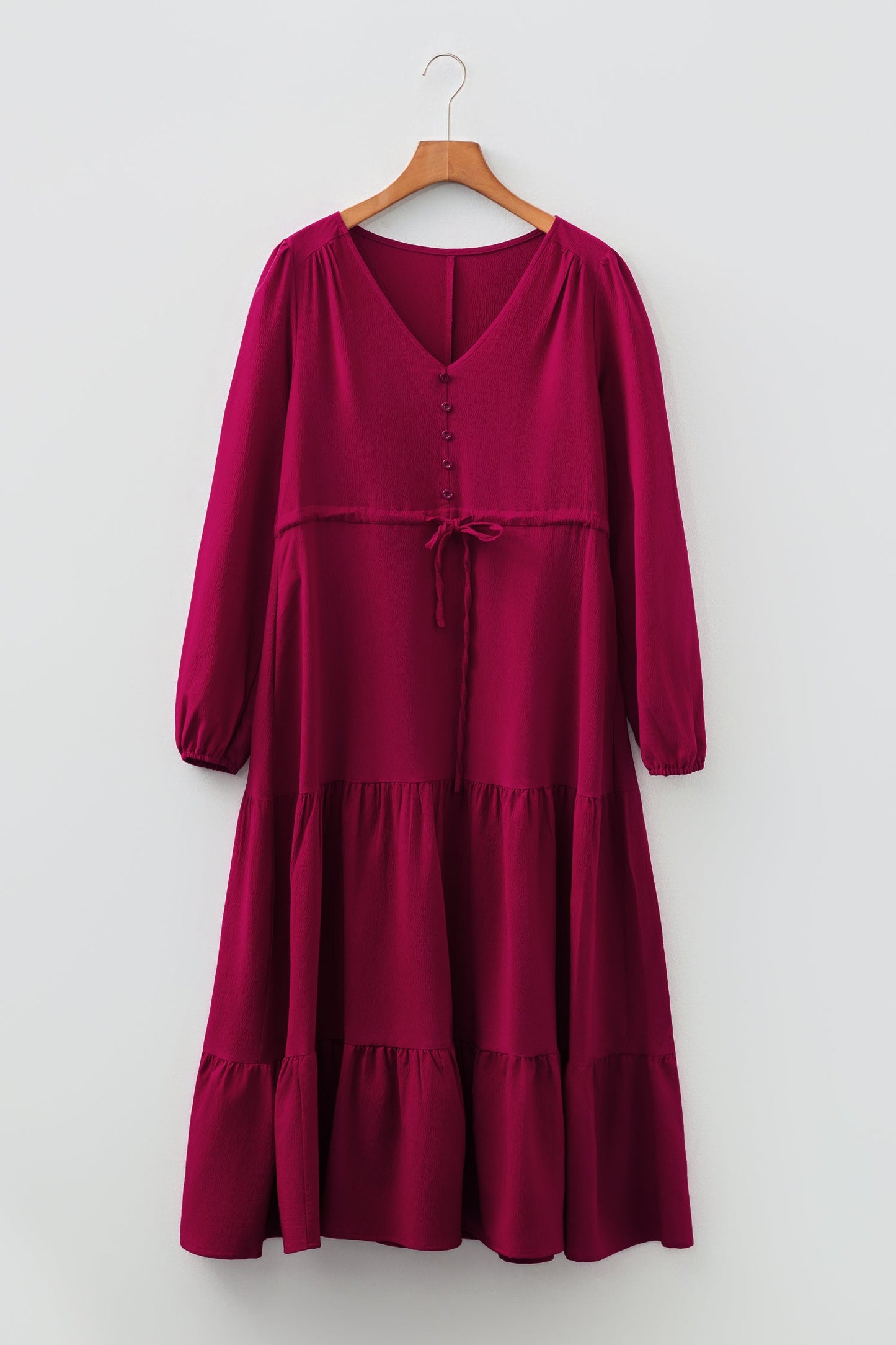 Blackish Green Solid Long Sleeve Button V Neck Tiered Maxi Dress