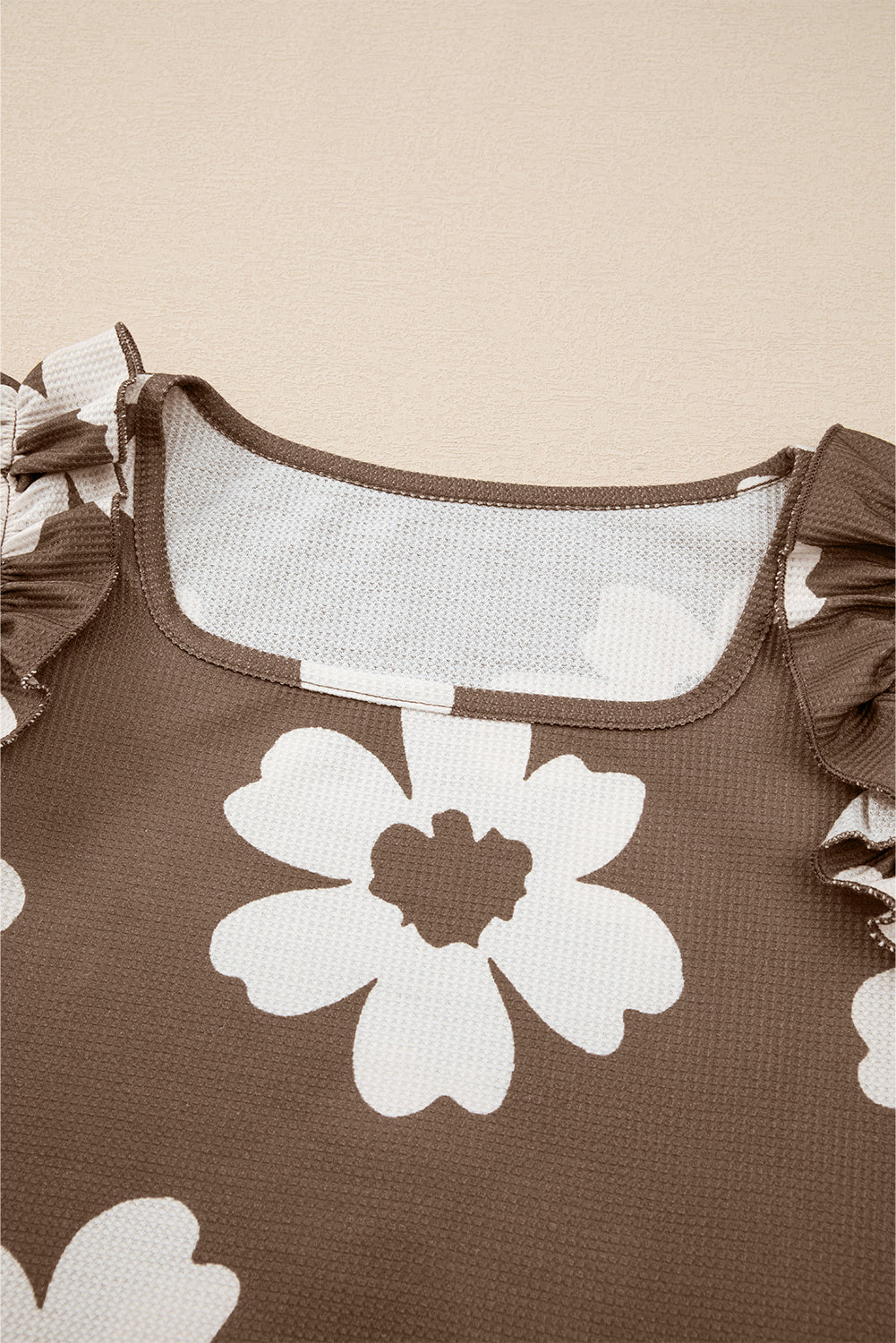 Brown Floral Textured Ruffled Short Sleeve Square Neck Blouse