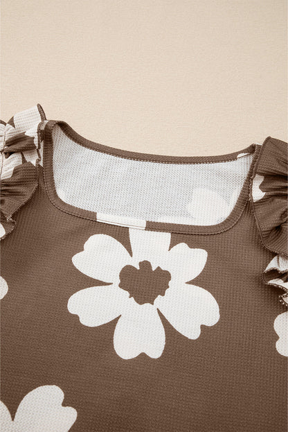 Brown Floral Textured Ruffled Short Sleeve Square Neck Blouse