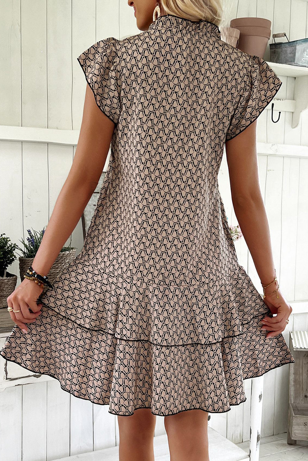 Simply Taupe Bohemian Print V-Neck Flutter Sleeve Ruffle Mini Dress