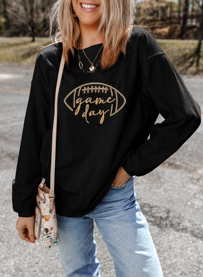 Black Football Graphic Game Day Embroidered Corded Sweatshirt