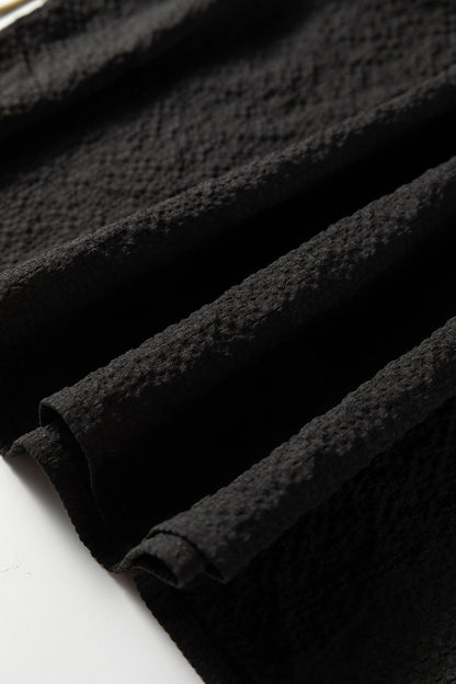 Black Color Block Patchwork Detail V Neck Textured Long Sleeve Blouse