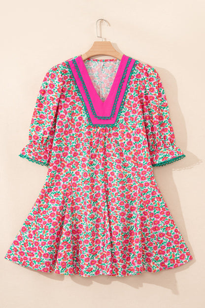 Pink Floral Print V Neck Patchwork Short Bubble Sleeve Mini Dress