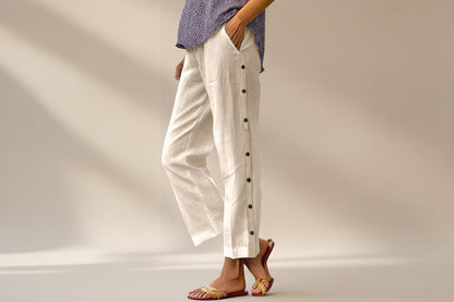 Cropped Pants With Decorative Buttons Along the Side Seams