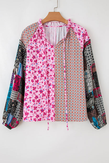 Pink Boho Mixed Floral Patchwork Drop Shoulder Bubble Sleeve Blouse