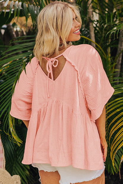 Apricot Pink Plus Size Crinkle Flounce Sleeve Babydoll Blouse