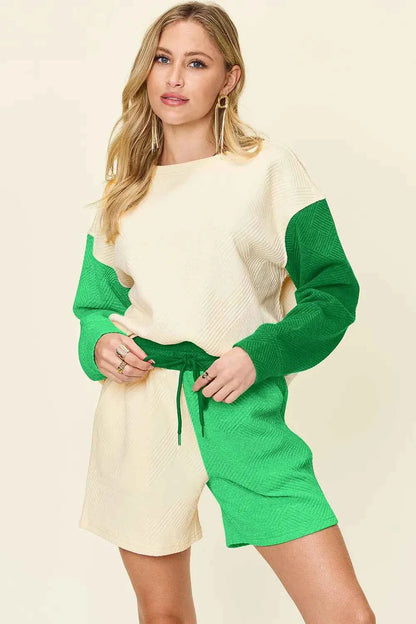 Contrast Chic: Pocketed Two-Piece Shoulder Set