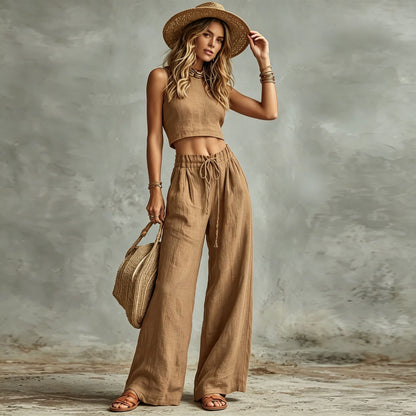 Women's Sleeveless Vest & Drawstring High-Waist Wide-Leg Pants Set