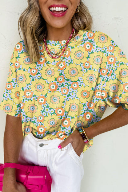 Yellow Summer Flower Print Drop Shoulder Loose T Shirt