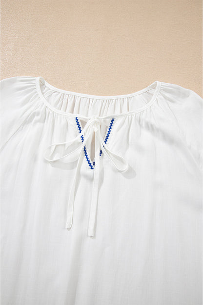 White Floral Embroidered Drawstring V Neck Blouse