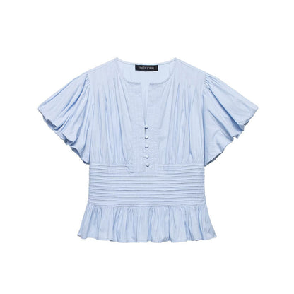 Women's Ruffle-Trim Puff-Sleeve Blouse Top – Slim-Fit Elegant