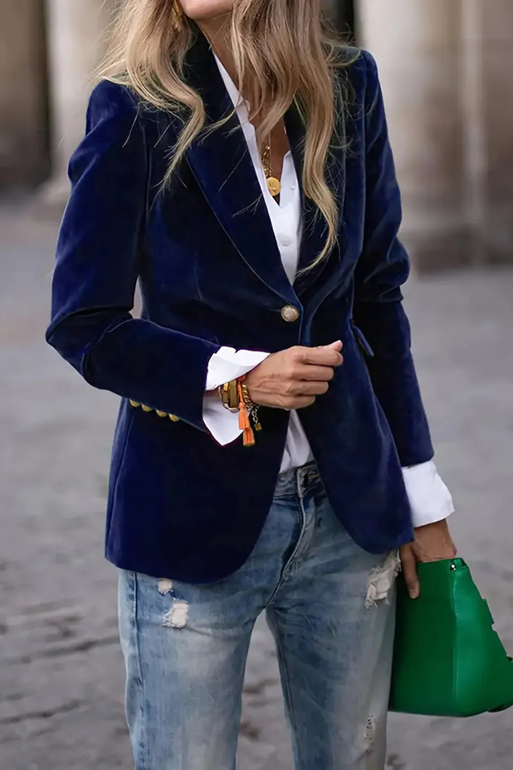 One-Button Lapel Collar Long Sleeve Blazer for Women