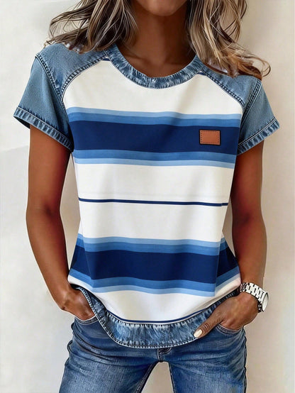 Women's Retro Denim Patchwork Short-Sleeve Shirt – Loose Fit