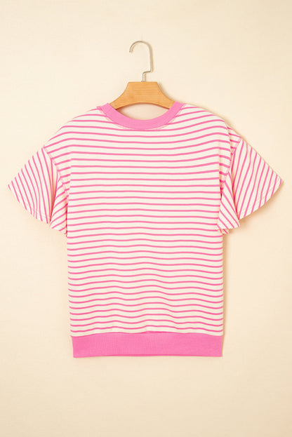 Sachet Pink Contrast Detail Striped Ruffle Short Sleeve Top