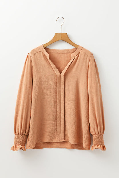 Straw Yellow Solid Shirred Cuff Notch V Neck Blouse