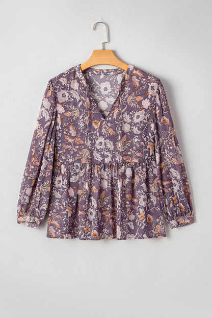 Blue Boho Flower Print 3/4 Sleeve Babydoll Blouse