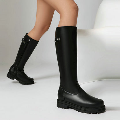Women’s Retro British-Style Riding Boots – Leather Belt Buckle Knee Boots