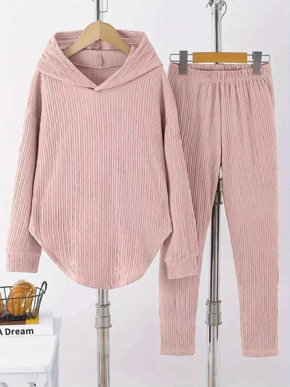 Textured Long Sleeve Hoodie and Pants Set